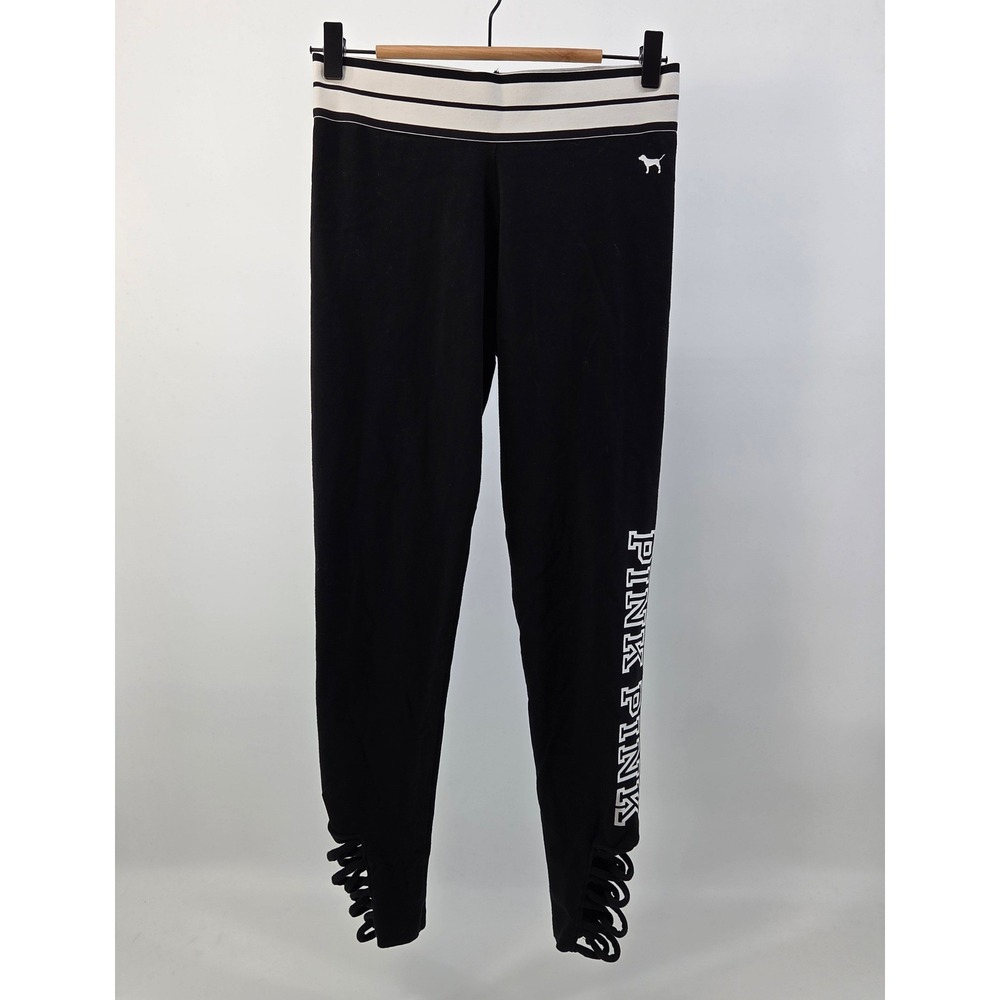 Pink Victoria Secret Leggings Womens M Black White Lattice Hem Athleisure Cozy